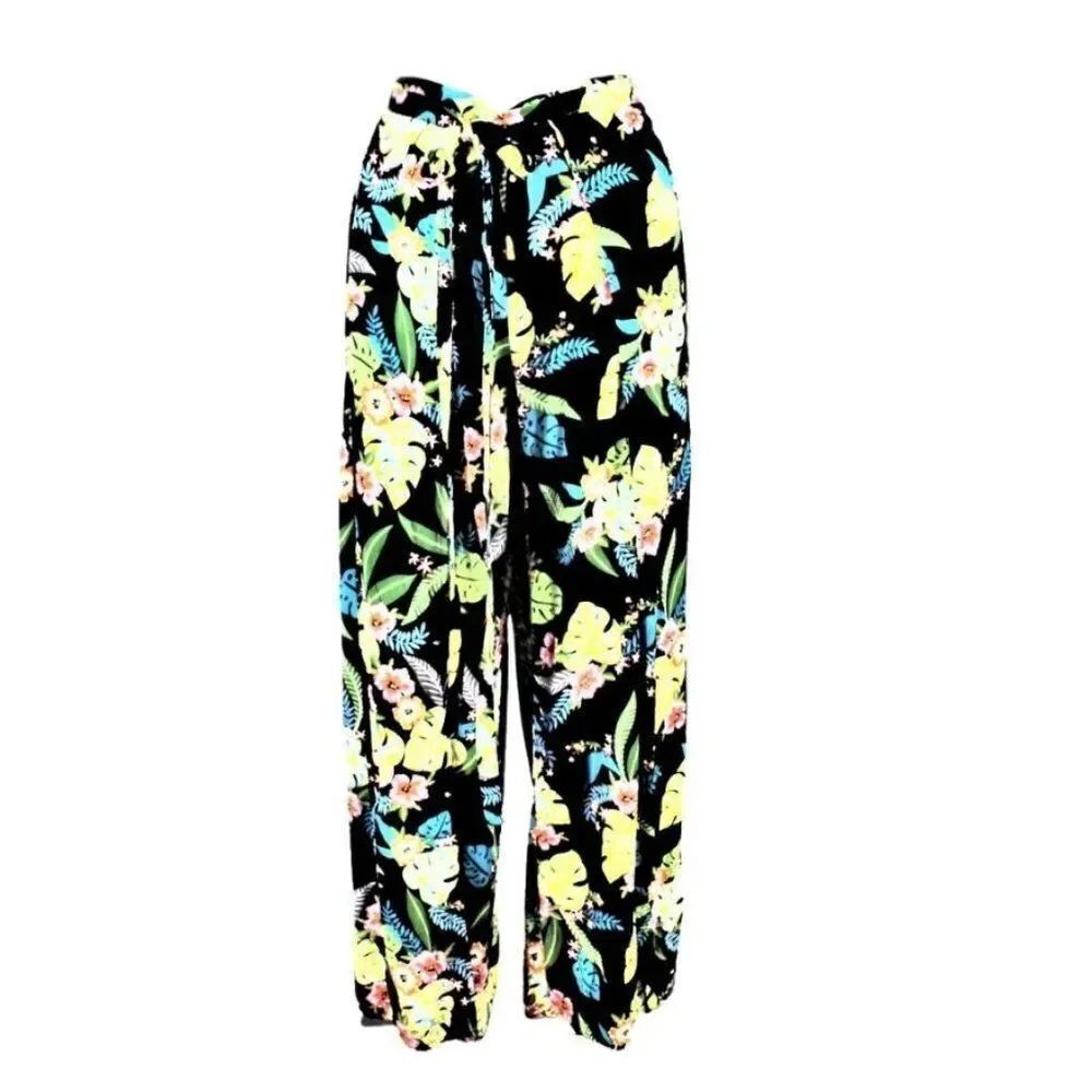 Wide-Leg Pants Side-Split Legs Tropical Print Self Tie Belt Women's Medium